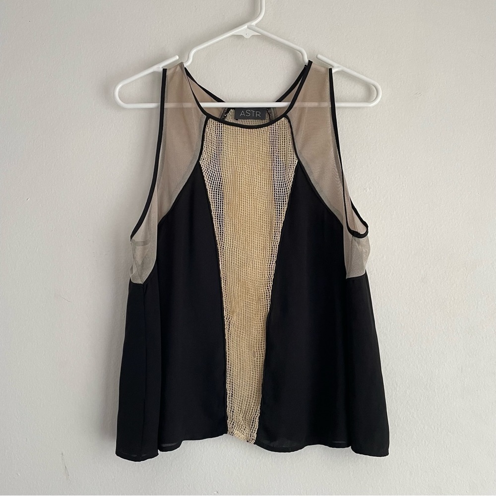 ASTR mesh front art deco black and gold crochet tank
